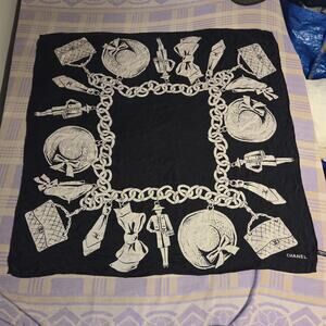 Vtg Chanel Silk Scarf Black White Italy Made Hand Rolled 90s Printed CC Chain